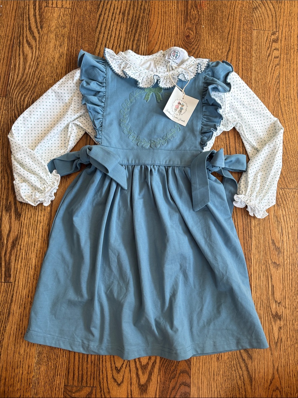 NWT girls Southern Darlin’ Smocks blue pinafore dress with ruffle shirt, size 6